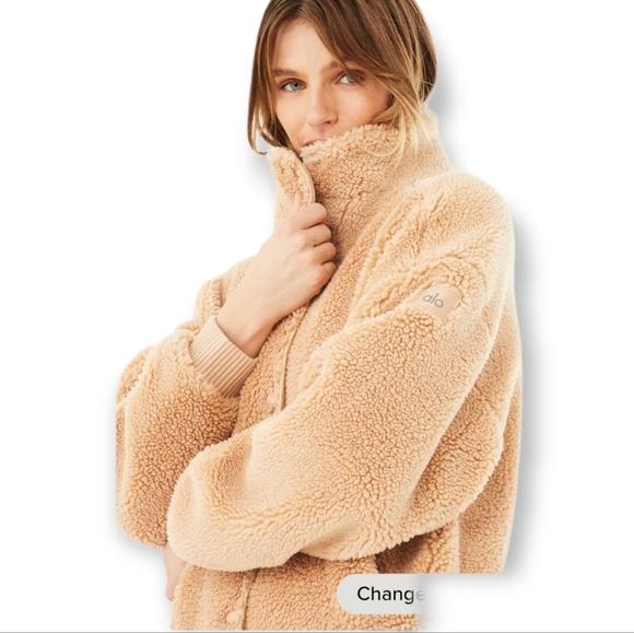 ALO Camel Faux Sherpa Snap Zip Closure Drop Shoulder Relaxed Fit Varsity Jacket - Picture 13 of 15